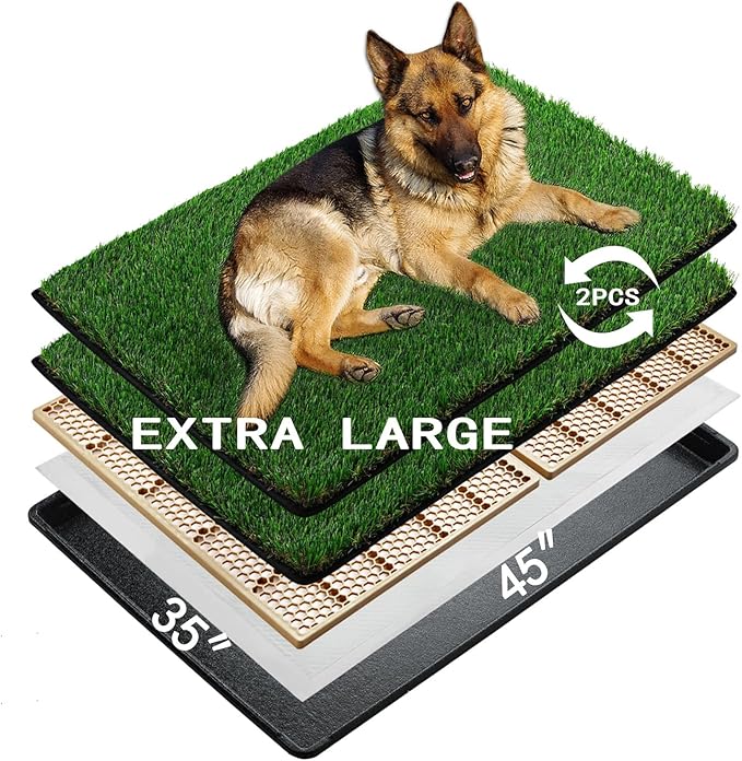 MEEXPAWS Dog Grass Pee Pads for Dogs with Tray | Extra Large 45×34 in | 2× Dog Artificial Grass Pads Replacement| Rapid Drainage | Indoor Litter Box | Hemmed Edge