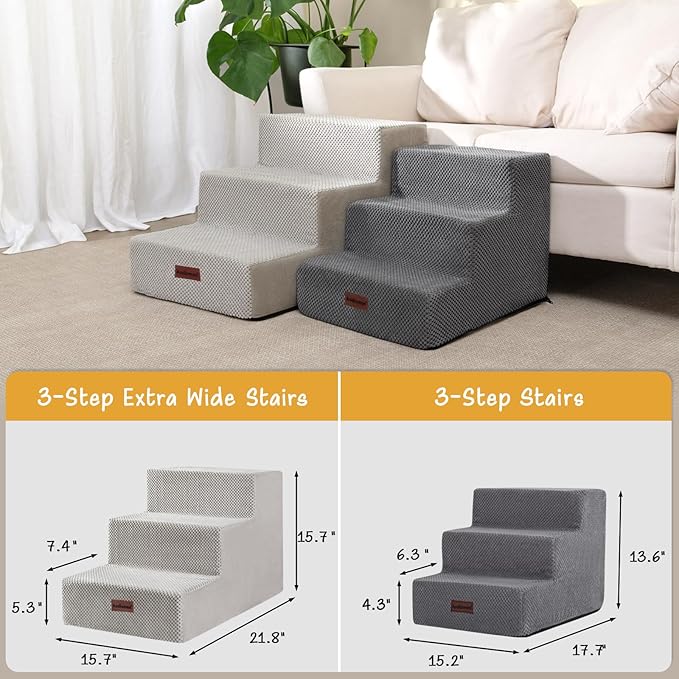 Dog Stairs for Small Dogs & Cats, 3-Step Extra Wide Non-Slip Pet Steps for Couch Sofa and Chair, Light Grey, 15.7" H