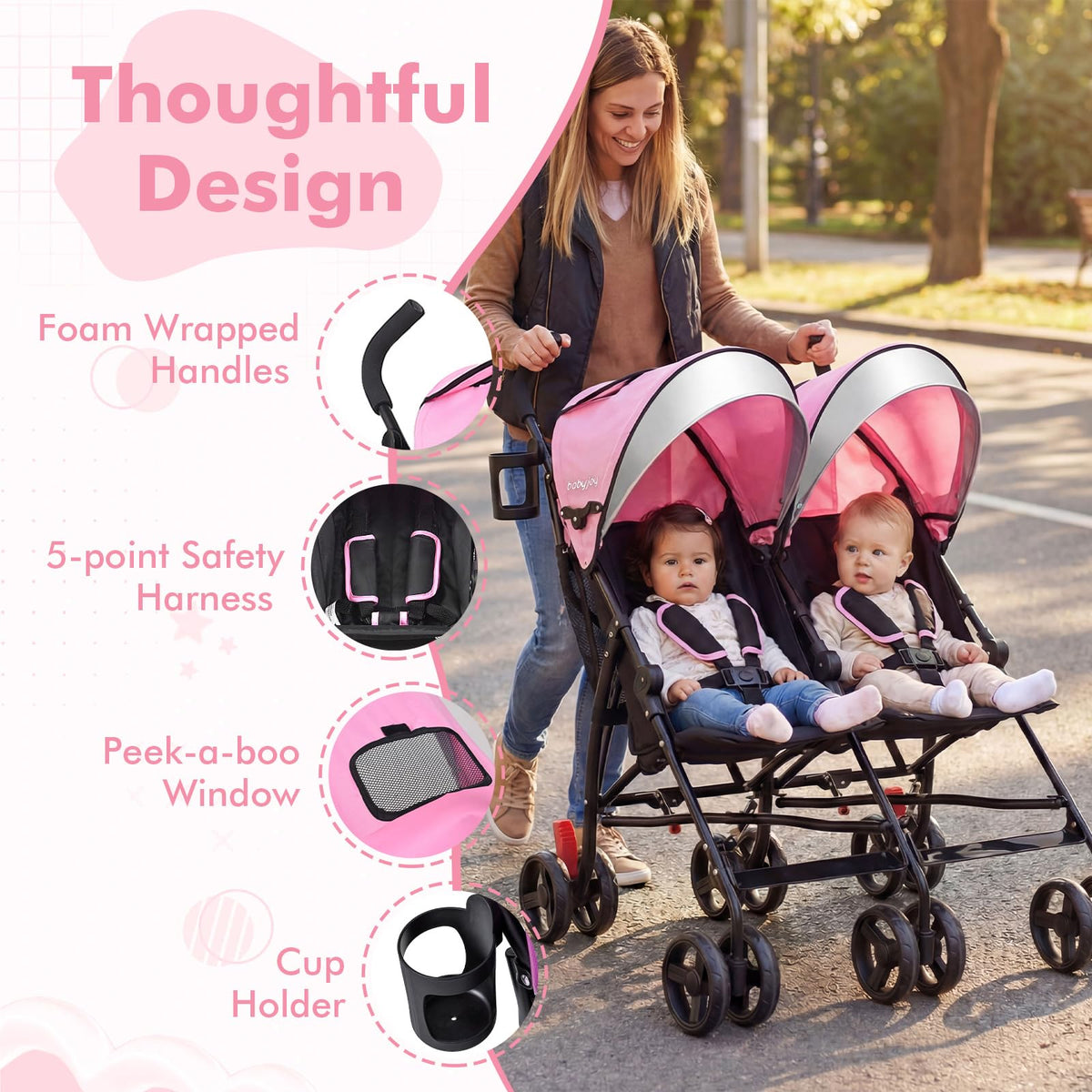 BABY JOY Double Umbrella Stroller, Lightweight Travel Side by Side Twin Stroller with Large Storage, Cup Holder, 5-Point Safety Harness, Adjustable Canopy & Compact Fold for Infant and Toddler (Black)