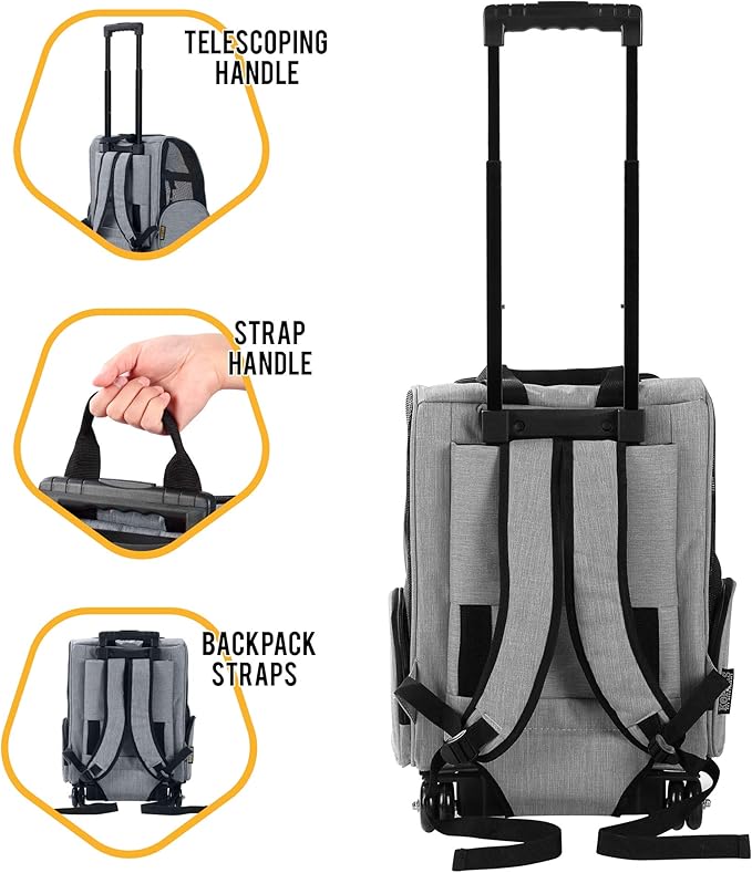 KOPEKS Deluxe Backpack Pet Travel Carrier with Double Wheels for Pets up to 10 Pounds - Black - Approved by Most Airlines