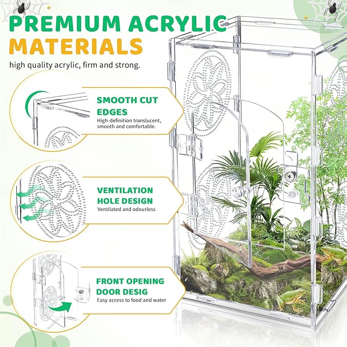 Jumping Spider Enclosure, 12x6x6 Inch Acrylic Tarantula Enclosure, Jumping Spider Accessories with Front Opening Door