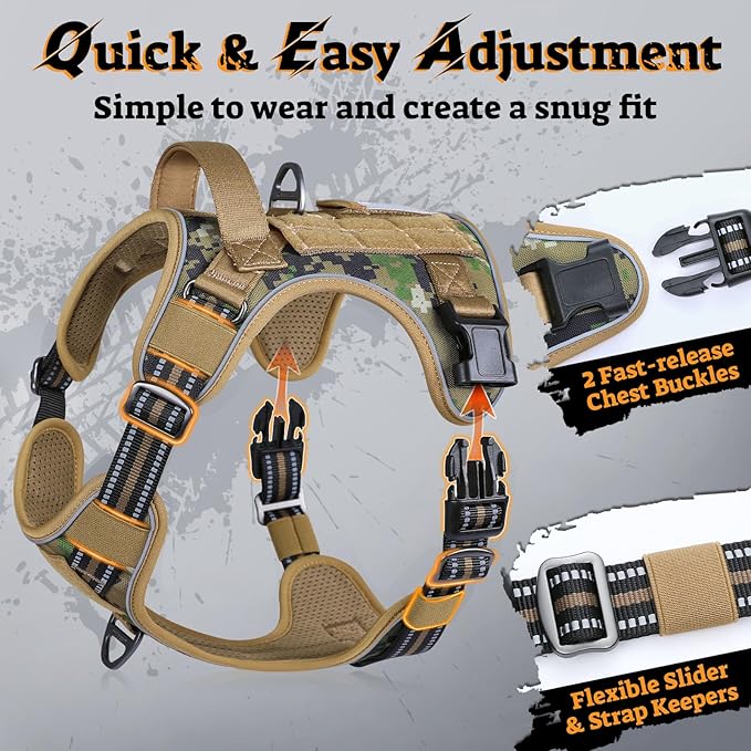rabbitgoo Dog Harness for Large Dogs No Pull, Tactical Service Pet Vest with Molle and Control Handle, Adjustable and Reflective Military Harness for Easy Walking and Training, Brown camo, XL