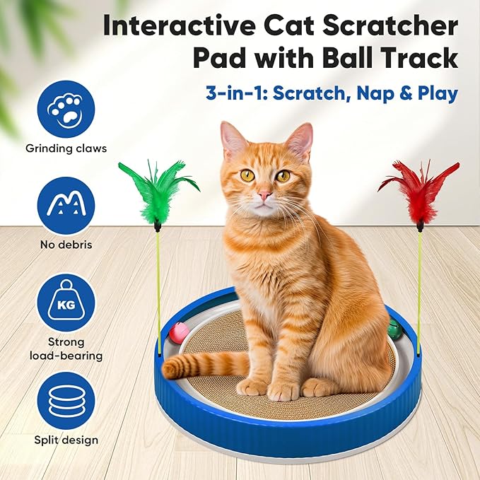 20-Inch Round Cat Scratcher with Ball Track – 3-in-1 Cardboard Scratching Pad with Feather Toy & Non-Slip Base – Interactive Cat Toy for Indoor Cats, Kittens & Large Cats (Blue)