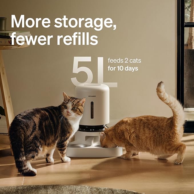 PETLIBRO 5L Automatic Cat Feeder for 2 Cats, 5G&2.4G Wi-Fi Programmable Cat Food Dispenser with Dual Stainless Steel Bowls, Airtight Lock Fresh Technology, Low Food Sensor