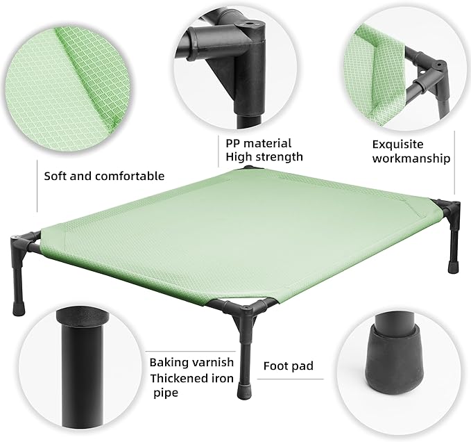Soft Mesh Elevated Pet Bed for Large Medium Dogs Outdoor Resting Cot with Water-Resistant, Air-Permeable, Cooling and Anti-Skid Portable Dog Bed, Up to 80 lbs, 33.3" L x 25.2" W x 6.9" H, Green