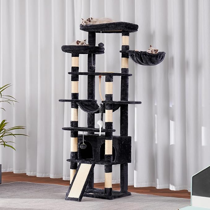 Heybly Tall Cat Tree, 78-inch Multi-Level Cat Tower for Indoor Cats, 2 Widened Plush Perches Cat Condo with Scratching Board and Big Caves, Smoky Gray HCT033G