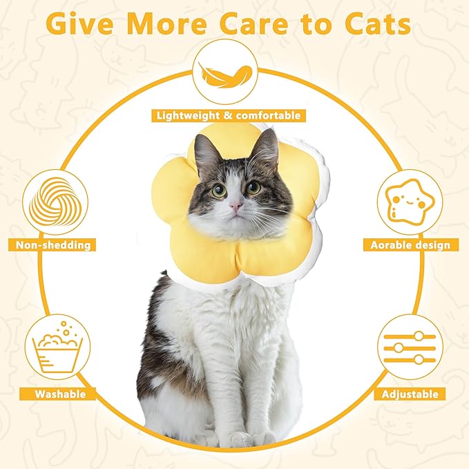 Cat Cone Collar Soft, Waterproof Cats Cones to Stop Licking After Surgery, Adjustable Soft Elizabeth Cats Collars for Wound Healing, Flower Shape Cat Recovery Collar (Yellow, Large)
