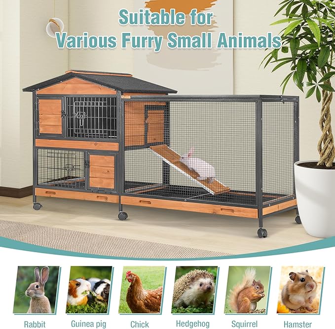 2-Story Rabbit Cage with Chew-Proof Metal Frame for Indoor/Outdoor - 62" Bunny Hutch Guinea Pig Cages with 6 Locking Wheels & 2 Removable Trays for Rabbits/Guinea Pigs
