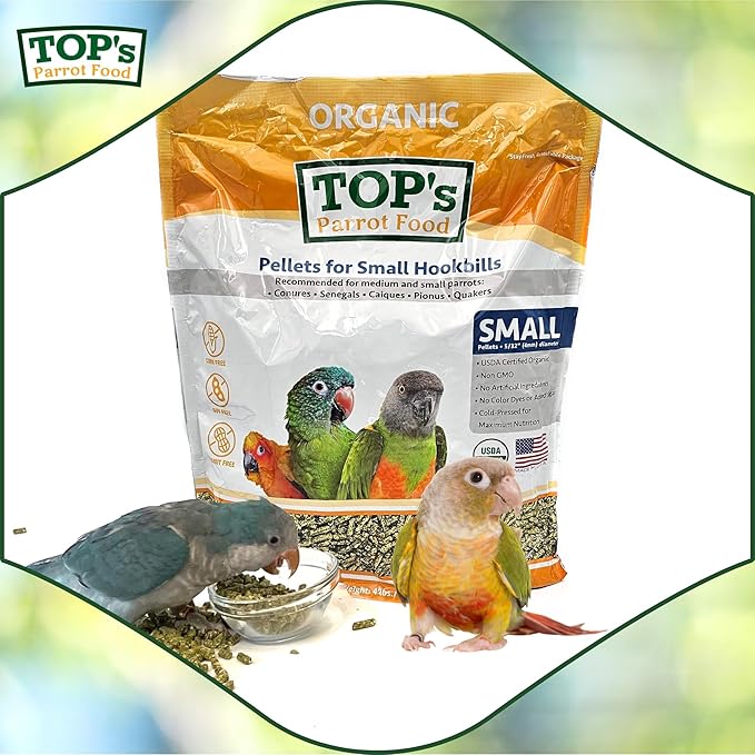 TOP's Parrot Food Bird Pellets for Small Hookbills - Non-GMO, Peanut Soy & Corn Free, USDA Organic Certified - 25 lb Bag
