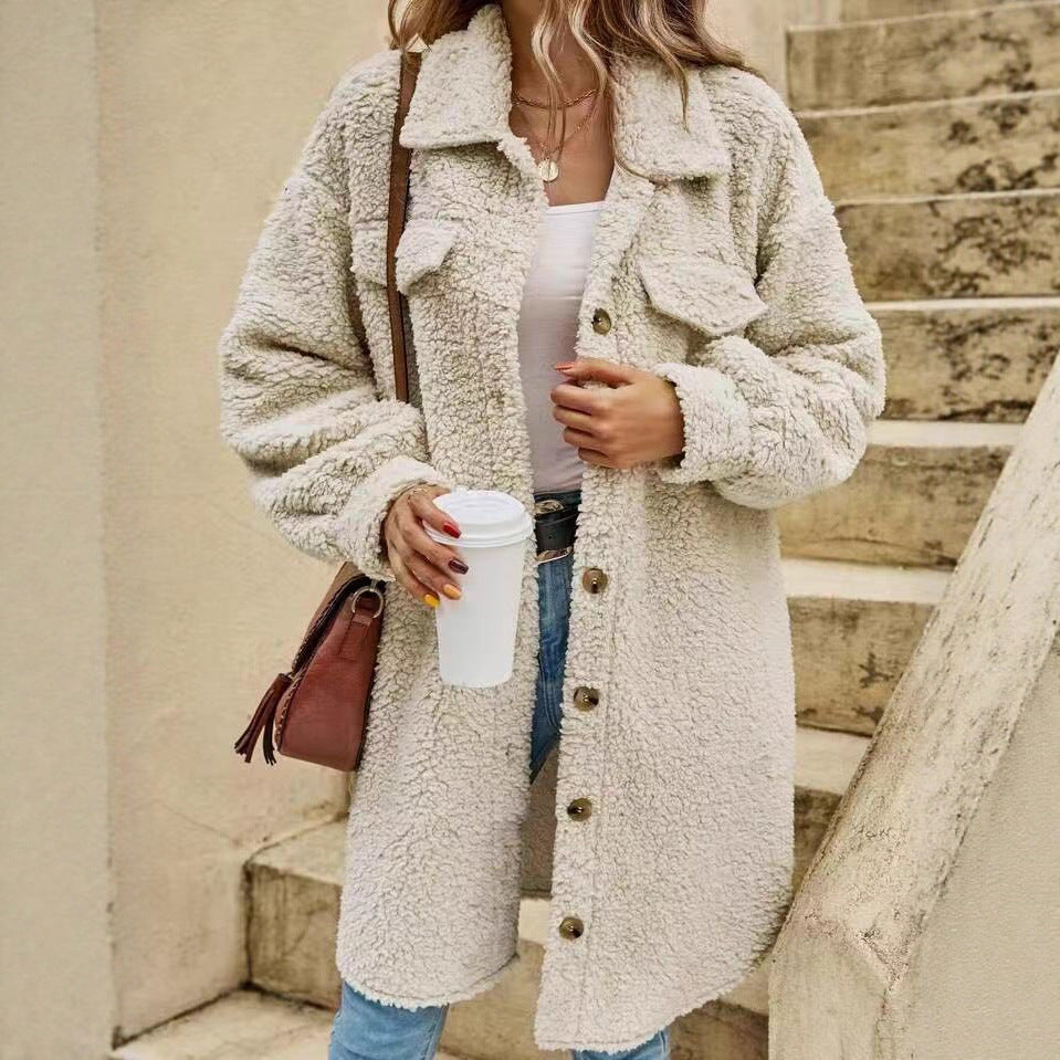 Women's Teddy Bear Plush Mid-Length Hooded Faux Fur Coat