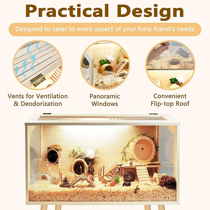 Prolee Hamster Cage Wooden Chew Proof, Extra Large Mice and Rat Habitat Openable Top with Acrylic Sheets Solid Built Small Animal Cage with Leg Stands, 24 Inch Long