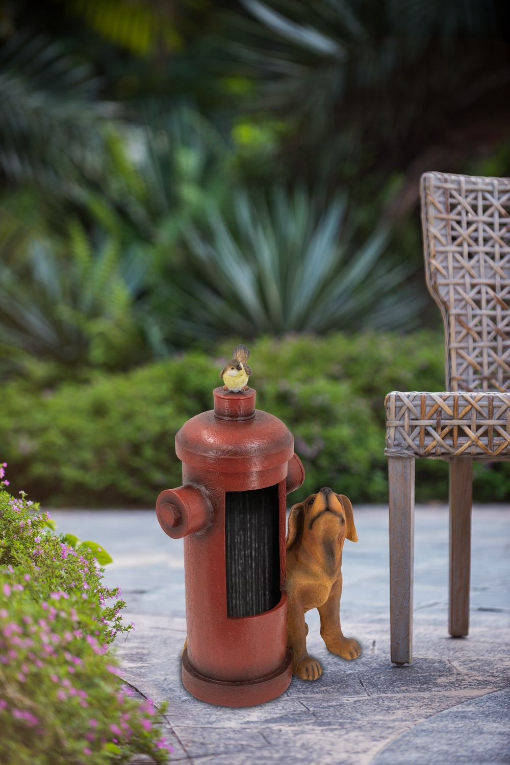 Red Fire Hydrant Water Fountain with Dog and Bird Accents