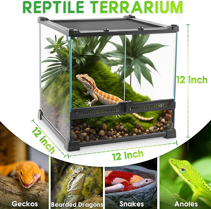 Mini Reptile Glass Terrarium 12"x12"x12" Durable Reptile Habitat Tank with Heat Resistant Aluminum Alloy Frame, Double Swinging Doors with no Jam by Sand and Other Debris