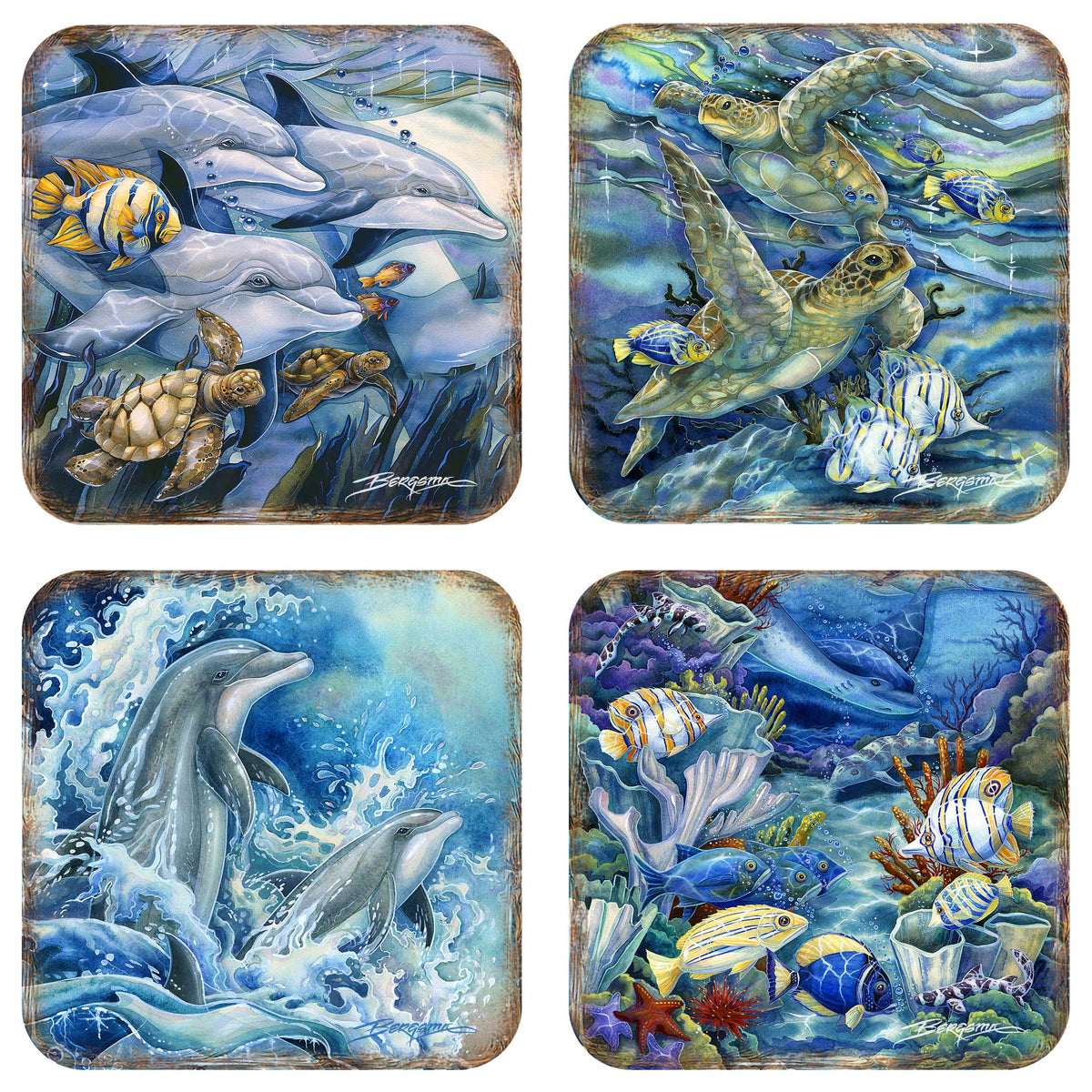 Sea Creatures Wooden Cork Coasters Gift Set of 4 by J. Bergsma - Coastal Décor  - 8199456C-S4