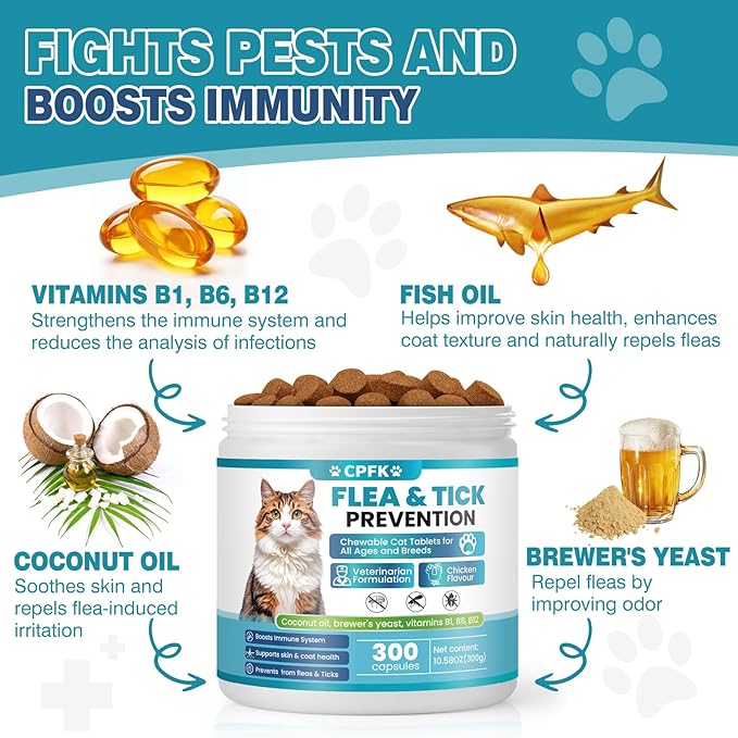 Chewable Flea Treatment for Cats Flea and Tick Prevention for Cats Chewables Fleas Chewables for Cat of All Breeds and Ages 300 Chewable Tablets
