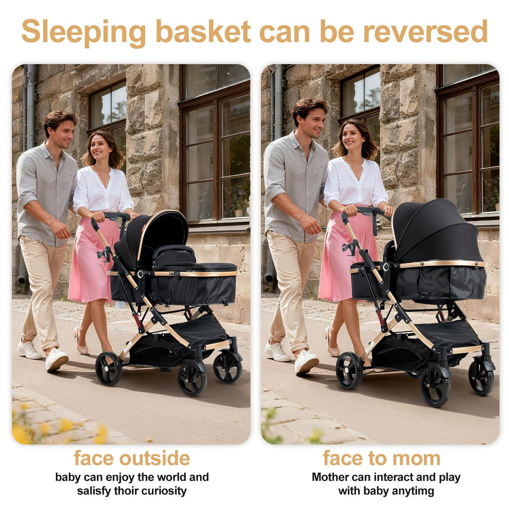 2 in 1 Baby Stroller Newborn Foldable Pushchair Folding High Landscape Infant Carriage,Toddler Pushchair Black Baby Stroller