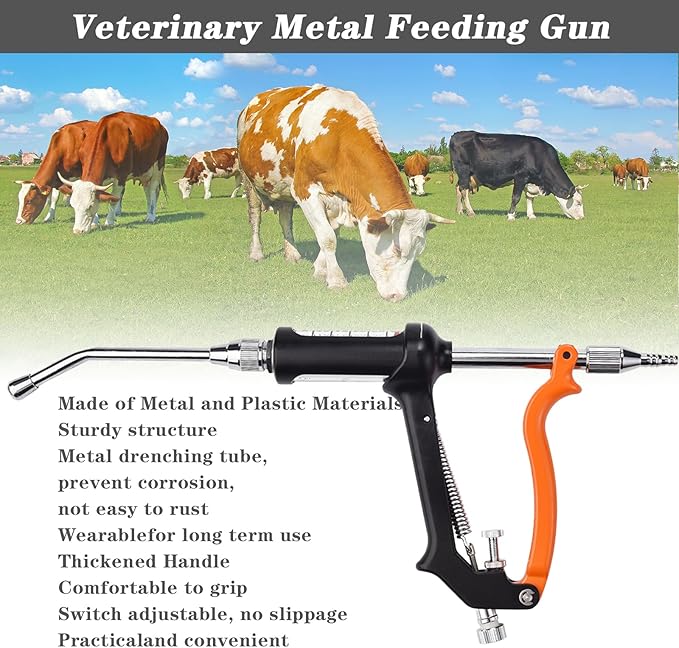 30ML Veterinary Metal Feeding Gun, Continuous Drench Gun Dosing Device Veterinary Adjustable Medicine Dispenser Husbandry Autonomous Feeding Tool, Pig Cattle, Sheep, Horse for Drench Gun