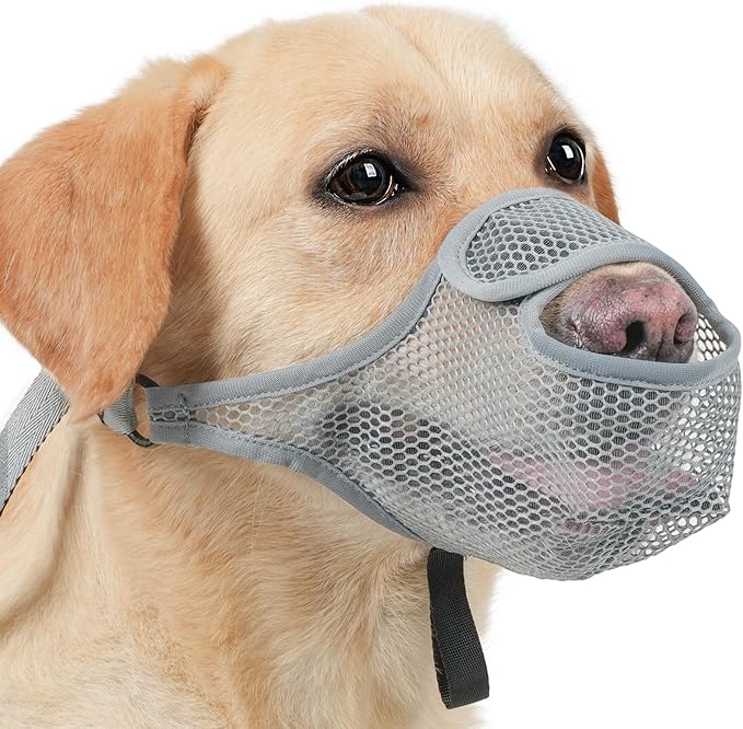 LUCKYPAW Dog Muzzle for Large Medium Small Dogs, Patented Mesh Muzzle to Prevent Biting Chewing Eating, Soft Mouth Guard with Front Opening Design for Drinking Panting(Grey, L)