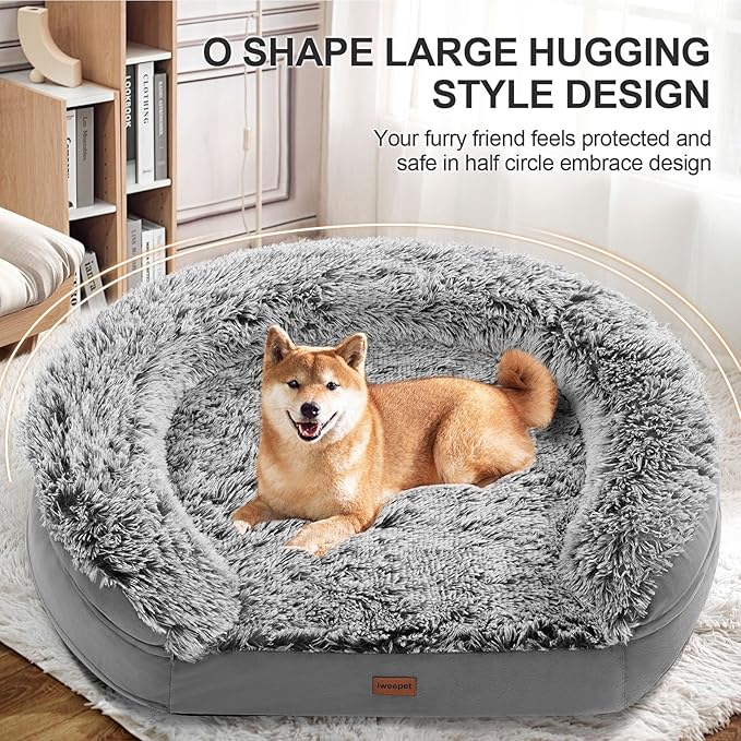 3.7 inch Thickened Orthopedic Dog Beds for Large Dogs, Supportive Dog Sofa Bed with 28D Egg-Crate Foam, Removable Washable Plush Cover, Waterproof Lining, Half-Round Design for Puppy, Senior Dog