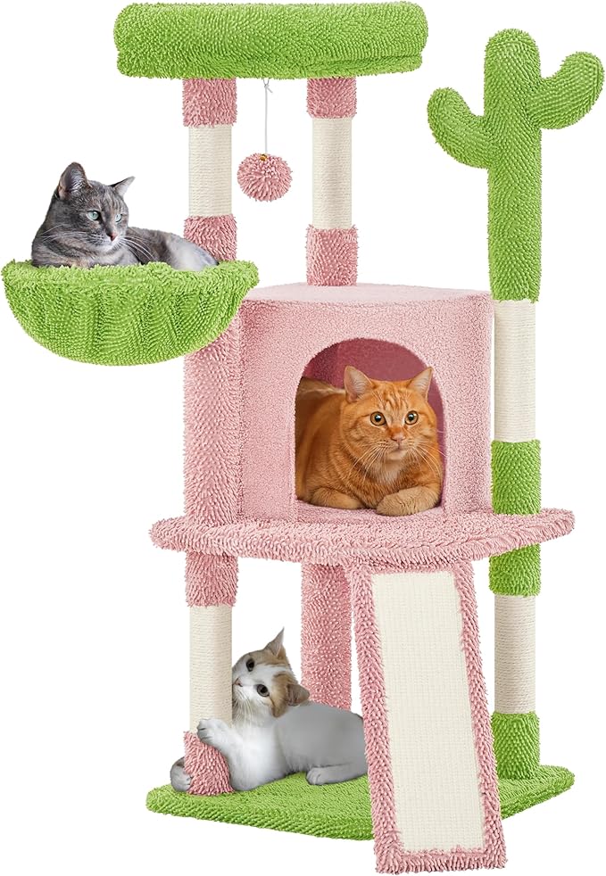 Yaheetech Cactus Cat Tree, 42in Cat Tower for Indoor Cats, Multi Level Kitten Condo Scratching Post, Pet Activity Center Furniture w/Ball, Plush Perch, Platform, Basket, Pink/Green