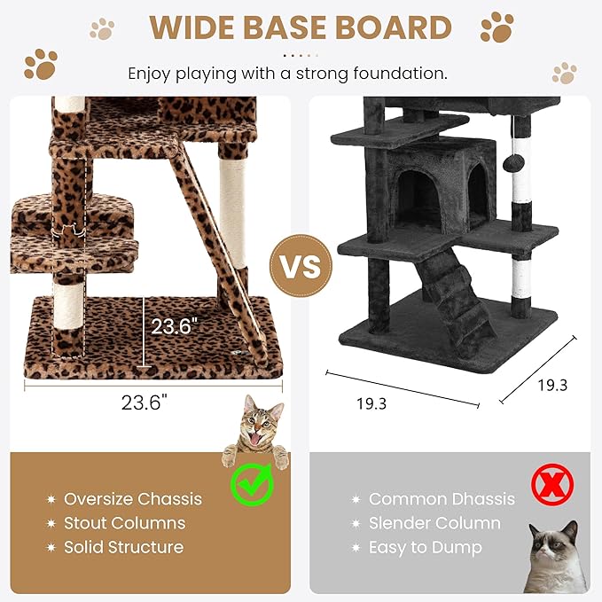 SHA CERLIN 65in Larger Cat Tree Tower Condo for Indoor Kitties/Multi-Level Furniture Activity Center with Wide Base/Cozy Plush Cat Perches/Baskets/Sisal Scratching Posts and Hammock/Leopard Print