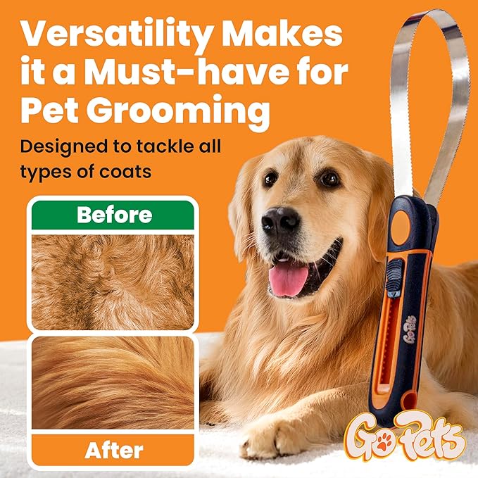 GoPets Deshedding Blade Rake, Adjustable Professional Dematting Grooming Tool, Stainless Steel Blades, Fur Removal Comb for Shedding, Comfortable Handle, Suitable for Cats & Dogs
