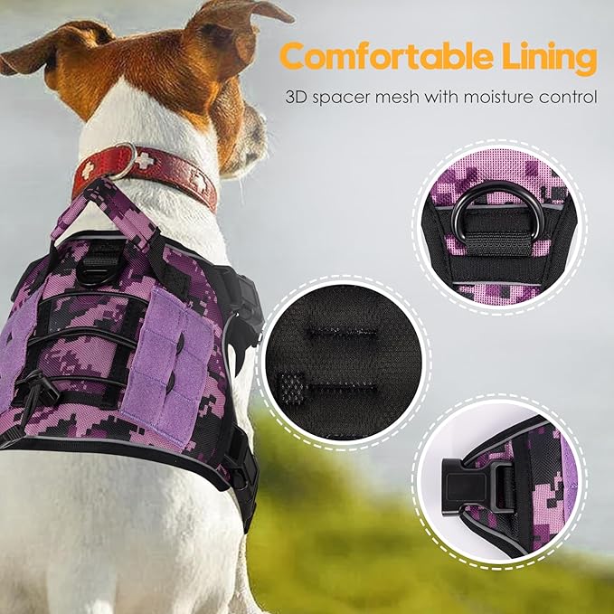 Heavy-Duty Tactical Dog Harness for Large Dogs, No Pull Adjustable Reflective Pet Vest with Molle System, K9 Military-Grade Control for Service Training, Outdoor & 10+ Breeds, Purple Camo, Small