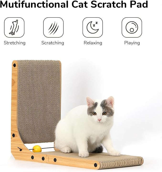 FUKUMARU Cat Scratcher, 18.9 Inch L Shape Cat Scratch Pad, Vertical Cat Scratcher Wall Mounted, Cat Scratching Cardboard with Ball Toy for Indoor Cats