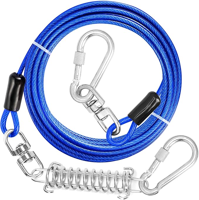 Jenico Dog Tie Out Cable, 10-150FT Runner Cable with Swivel Hook and Shock Spring, Yard and Camping Dog Leash Tether for Small to Medium Pets Up to 500 LBS