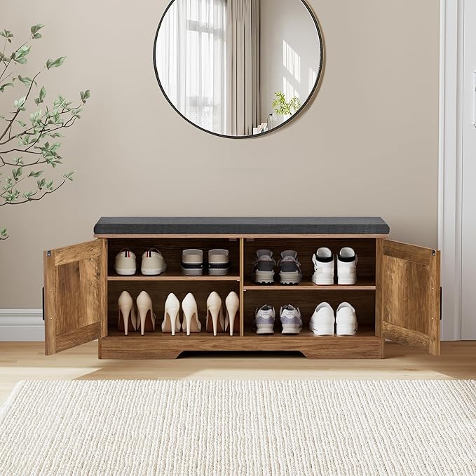 2-Tier Storage Bench, Shoe Bench with Padded Seat Cushion, Entryway Bench with 2 Barn Doors, Adjustable Shelf, 13.8" D x 39.4" W x 17.7" H, for Entryway, Living Room, Bedroom, Rustic Walnut