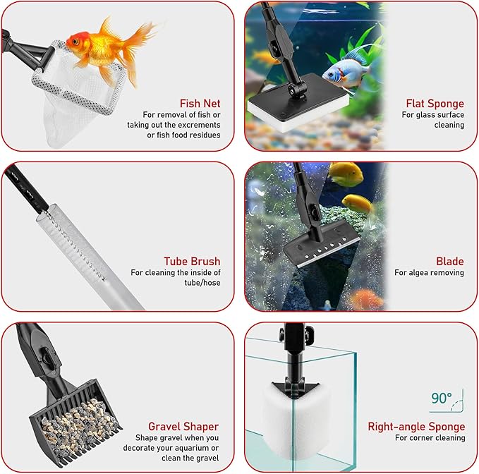 6 in 1 Aquarium Cleaning Tool Kit Fish Tank Algae Scraper, Sponge Pad, Fish Net, Gravel Rake and Cleaning Brush with Telescopic Long Handle
