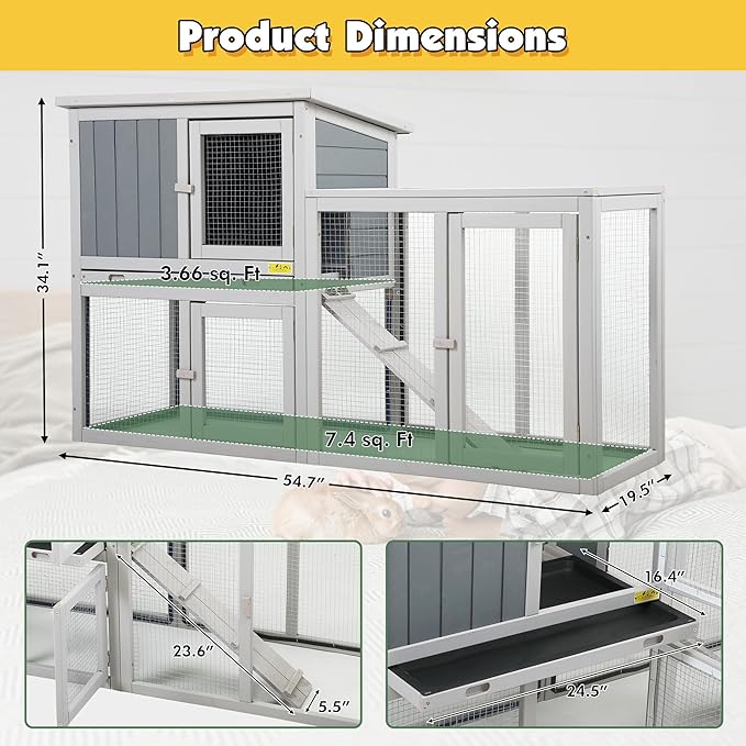 Assembled Wooden Indoor & Outdoor Rabbit Hutch, 2 Story Small Animal House Habitat, Durable Pet Bunny House Cage with Cleaning Tray, for Bunny Chick Duck Hamster (Grey)