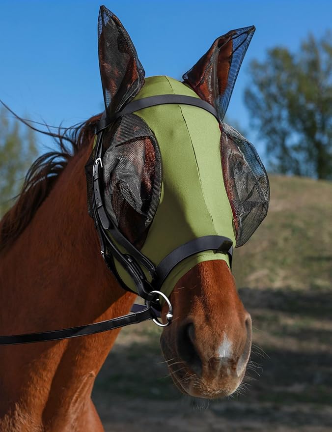 Horse Fly Mask with Ears, UV Protection for Horses, Elasticity with Big Mesh Eye Covers, Snug Fitting Comfortable Breathable Lightweight for Horses Olive Green Full Size