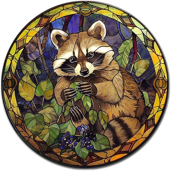 Lygond Metal Tin Sign - Circular Stained Glass Raccoon - Pub Sign - 1212 Inches