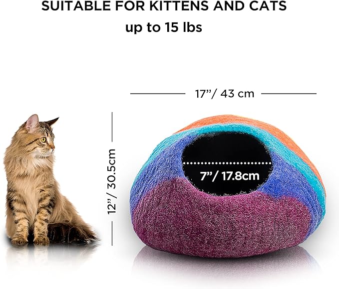 Woolygon Premium Felt Cat Cave Bed – Wool Kitty Beds Handcrafted Kitten Caves Bed for Indoor Cats - Made from 100% Eco-Friendly Merino Wool, Foldable Cat Hidewawy Covered Cat House Pod (Rainbow Twist)