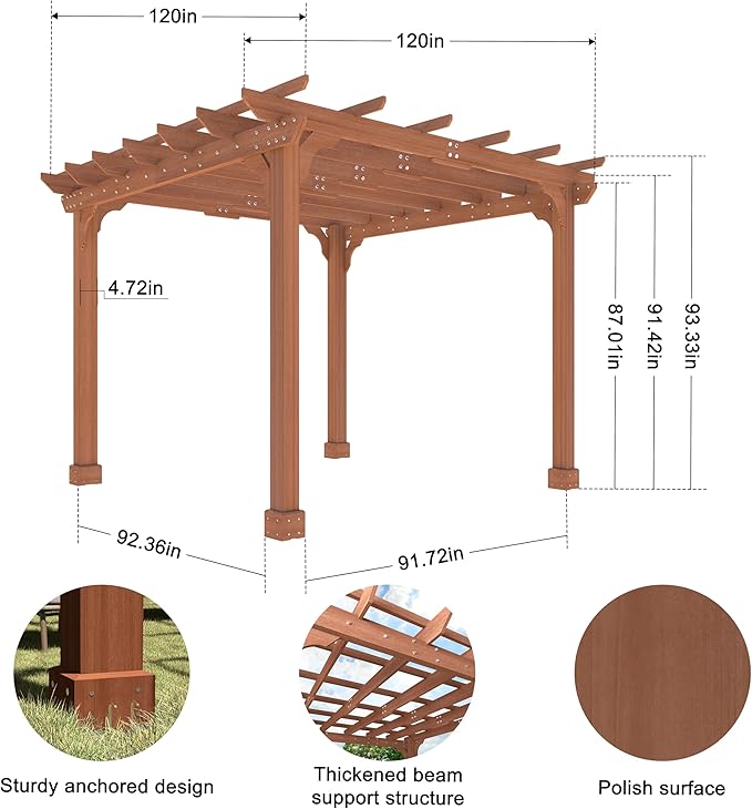 MUPATER 10×10 FT Wooden Pergola with Roof, Wood Pergola Kit with Stakes, Outdoor Shelter Structure for Climbing Plant Support, All-Season Durability, Shade for Patio, Backyard, Deck, Lawn