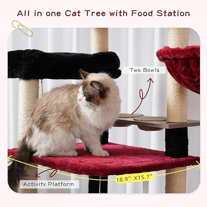 Cat Tree with Tunnel, Cat Tower for Indoor Cats, Tall Gothic Cat Tree Tower with Cat Condo, Food Station, Large Platform, Scratching Posts, Hammock, Black and Red GCT021BR