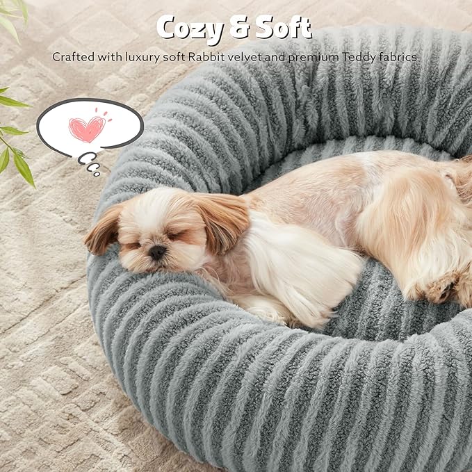 MIXJOY Calming Dog Bed Medium Size, Donut Dog Beds Medium Sized Dogs, Fluffy Plush Faux Fur Round Dog Cat Cuddler with Removable Washable Cover, 30"x30"x8", Grey