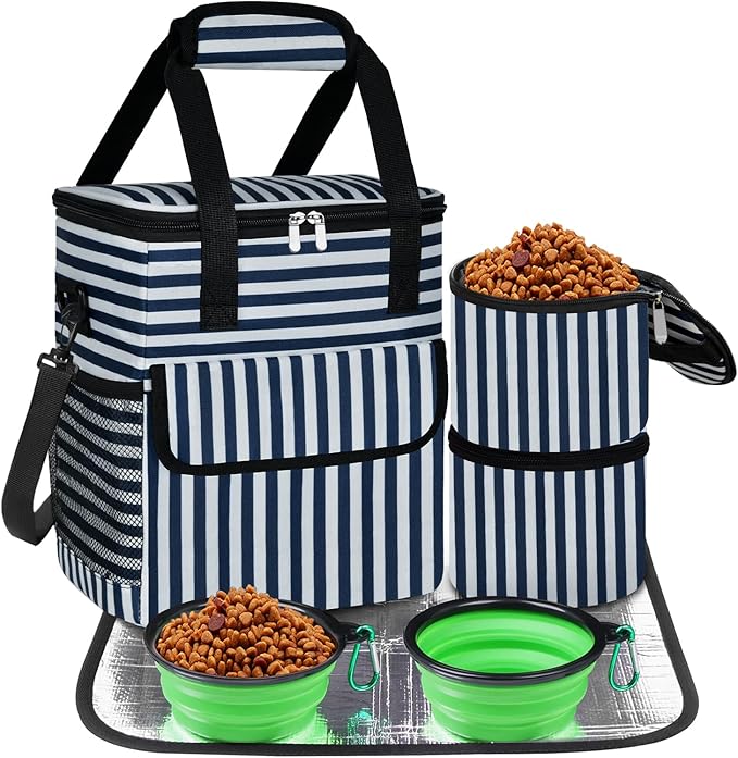 Dog Travel Bag for Camping - Pet Travel Accessories with 2 Collapsible Bowls, 2 Food Containers & Waterproof Feeding Mat - Portable Dog Carrier, Stripe (Small)