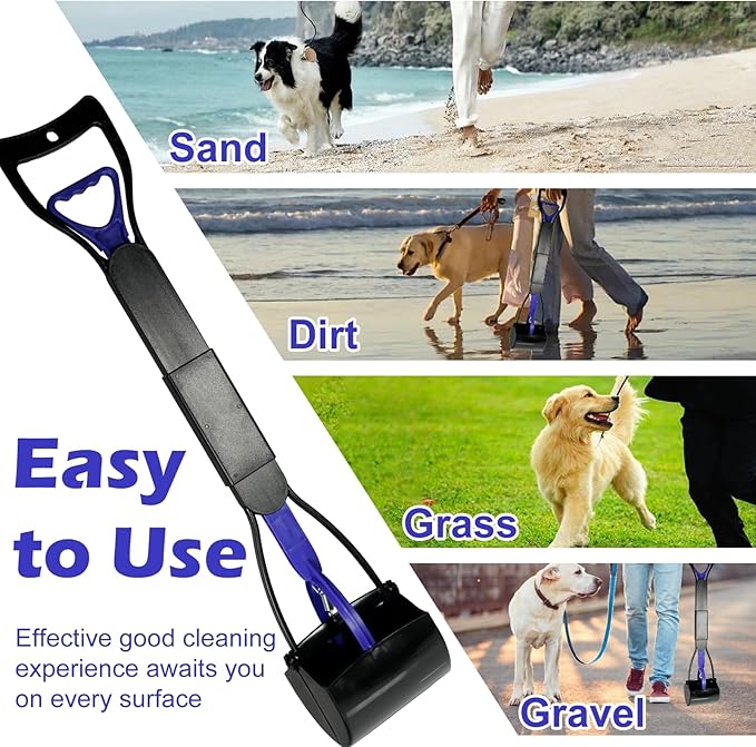 Pooper Scooper with Bags, 32" Long Handle Dog Poop Scooper for Large Medium Small Dogs, Durable Spring and High Strength Material Foldable Waste Pickup Tool for Easy Grass and Gravel Pick Up, Blue