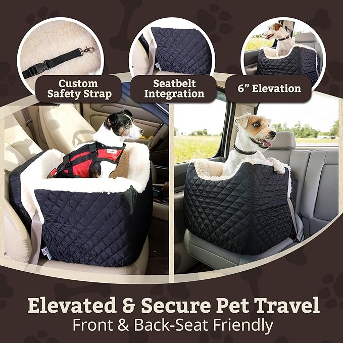 Snoozer Lookout I Car Seat - Dog Car Seats for Small Dogs, Puppy Booster Bed for Small & Medium Sized Pets Up to 25 Lbs, Elevated, Washable - Medium, Black Quilted