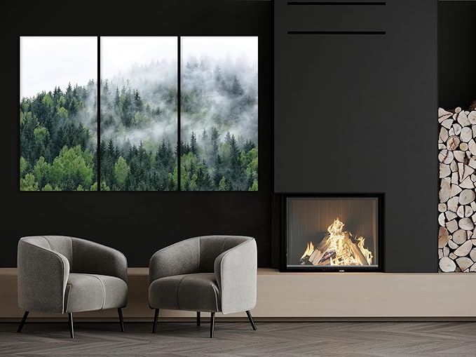 Nature Wall Art Prints - Ocean Forest Mountain Lake Canvas Landscapes - Small to Extra Large Living Room Bedroom Kitchen Bathroom Décor (Pine Trees in Fog, 35L" x 53W" - 3 Panels)