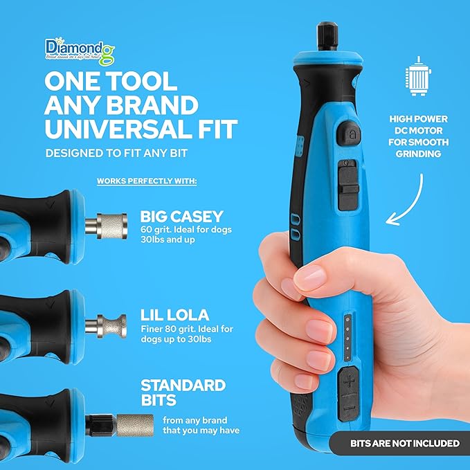 Diamondg Cordless Dog Nail Grinder with Quiet Sound & LED Tip for Large & Small Dogs, 4hrs. Runtime, 2 Bits Included, Blue