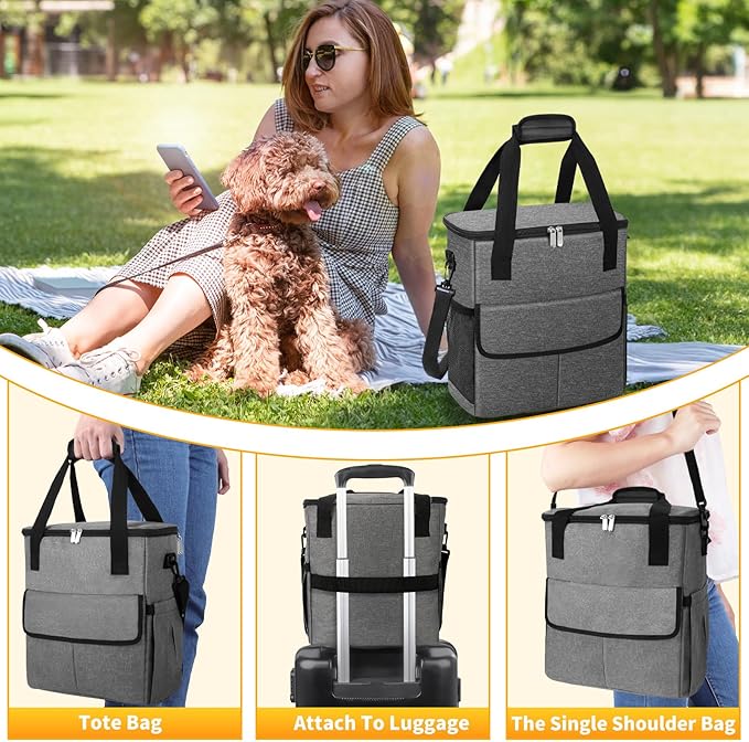 Dog Travel Bag for Camping - Weekend Pet Accessories With 2 Collapsible Bowls, 2 Food Containers, 1 Waterproof Feeding Mat - M, Grey