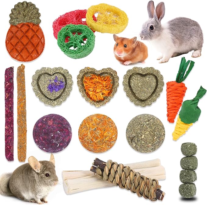 VESPRO Bunny Toys, 21PCS Rabbit Chew Toys for Teeth, Guinea Pig Natural Treats, Timothy Hay Sticks for Chinchillas Hamsters Rats, Small Animals Teeth Grinding