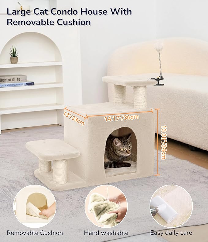 Happi N Pets Dog Stairs with Cat Scratching Post & Large Condo, Stable Pet Steps for High Beds Couch, 3 Combinations Cat Ramp Tree Tower for Cats or Small Dogs, Removable Cushion & Bonus Toy, Beige