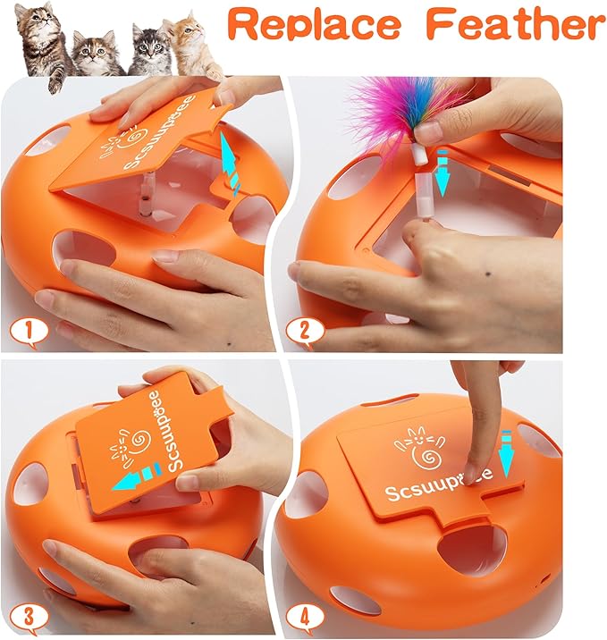 Interactive Cat Toy, Electric Cat Toys for Moving Concealed Feathers, Smart Sensor 7 Holes Whack a Mole Feather Toy, USB Charge Automatic Kitten Toys,Orange