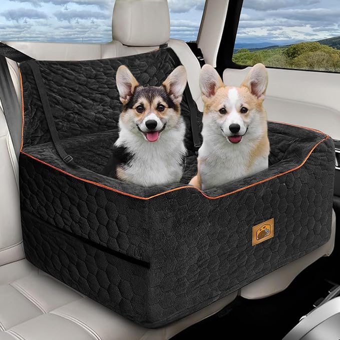 Dog Car Seat for Medium/Large Dogs, Washable Dog Booster Seat Under 60 lbs or 2 Small Dogs, Multi-Functional Pet Car Seat with Thick Cushion, 2 Safety Leashes (Black)