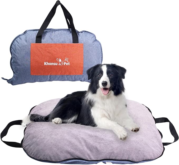 Portable Waterproof Dog Mat for Camping, Patio & Travel - Foldable Outdoor Dog Bed with Teflon Shell & Removable Plush Pad - Easy Clean, Durable - L (Denime Blue)