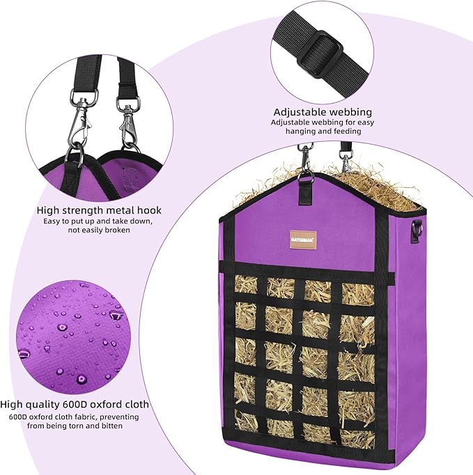 Innovative Hay Bags for Horses, Goat Hay Feeder with Reinforced Oxford Fabric and High Strength Metal Clasp,Horse Feeding Supplies with Adjustable Strap for Easy Hanging (2Purple+1Black)